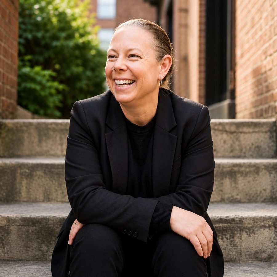 Heidi Lootsma laughing candidly on stone steps in natural light, warm brick and greenery in the background