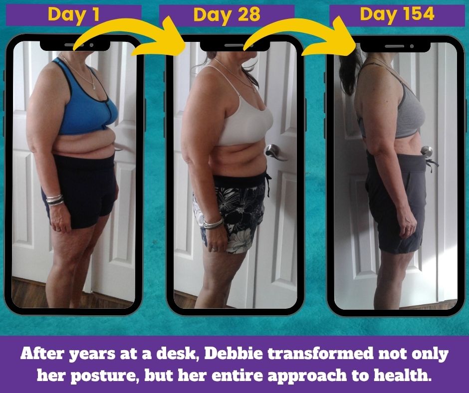 Debbie's then and now transformation: Day 1, Day 28, and Day 154, showing her posture change after five months of strength training