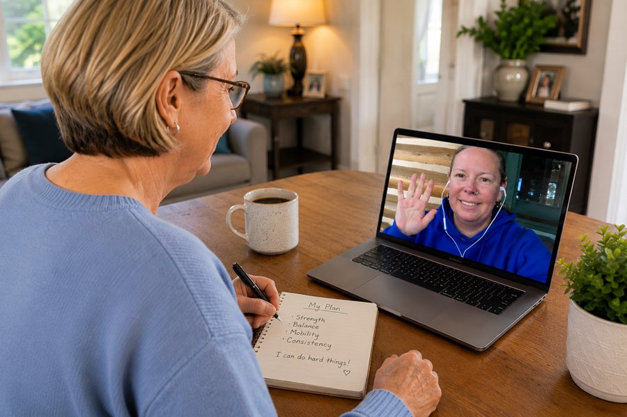 A woman writing her plan while joining a virtual coaching call with Heidi from her dining table