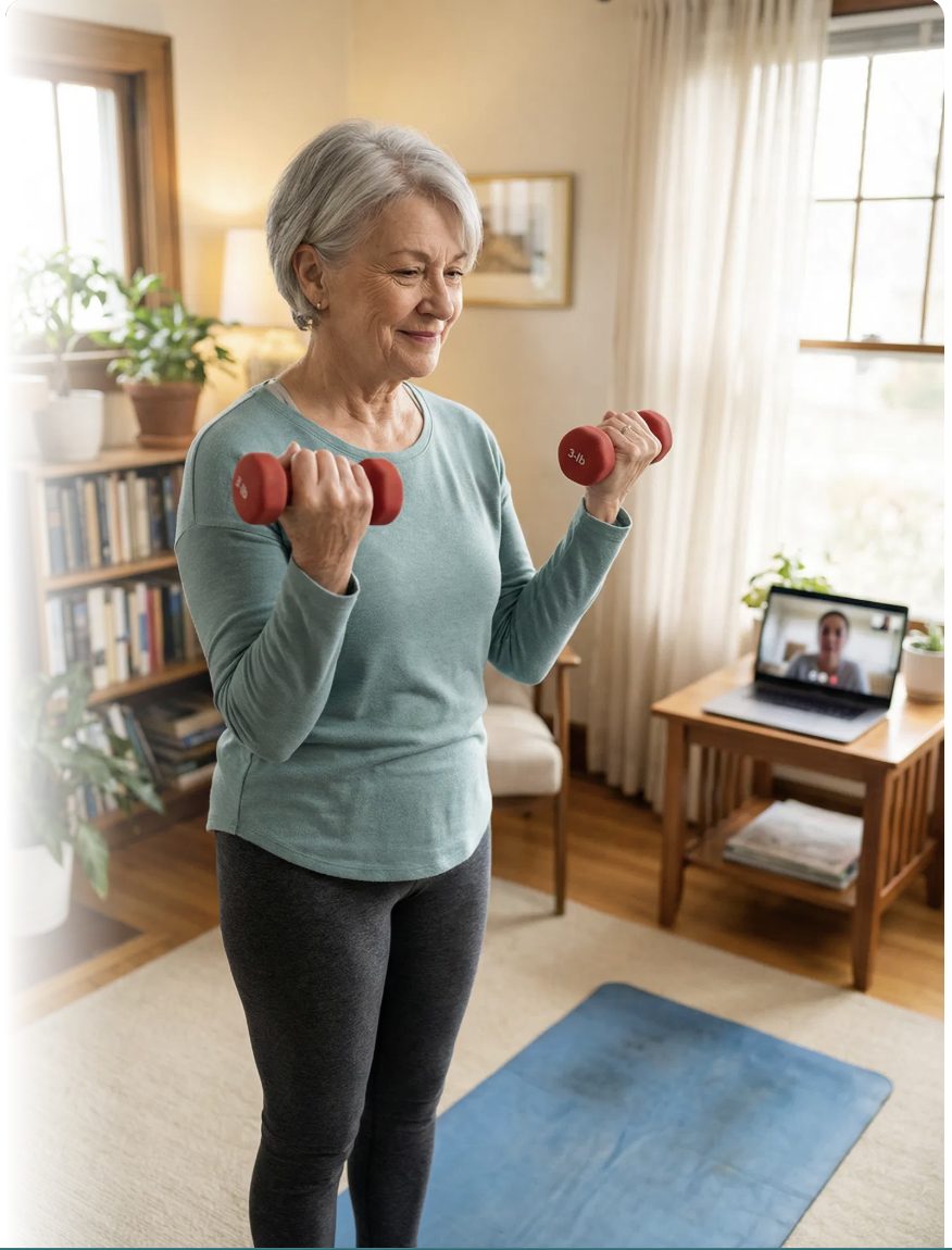 Active woman in her mid-60s training with dumbbells in her home