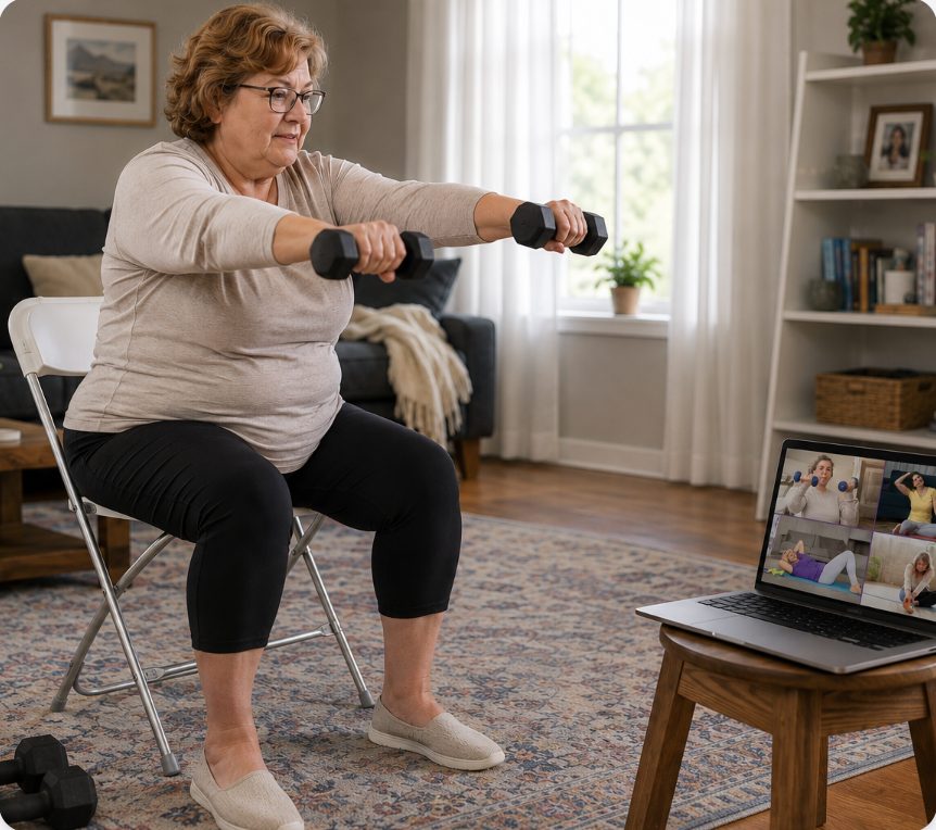 Retired woman comfortably strength training with dumbbells in a chair, joining a small group Zoom session