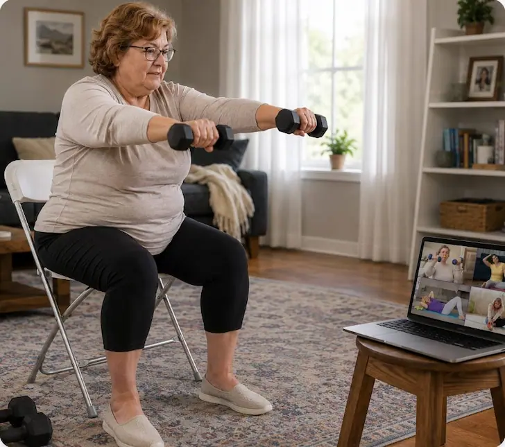 Retired woman comfortably strength training with dumbbells in a chair, joining a small group Zoom session
