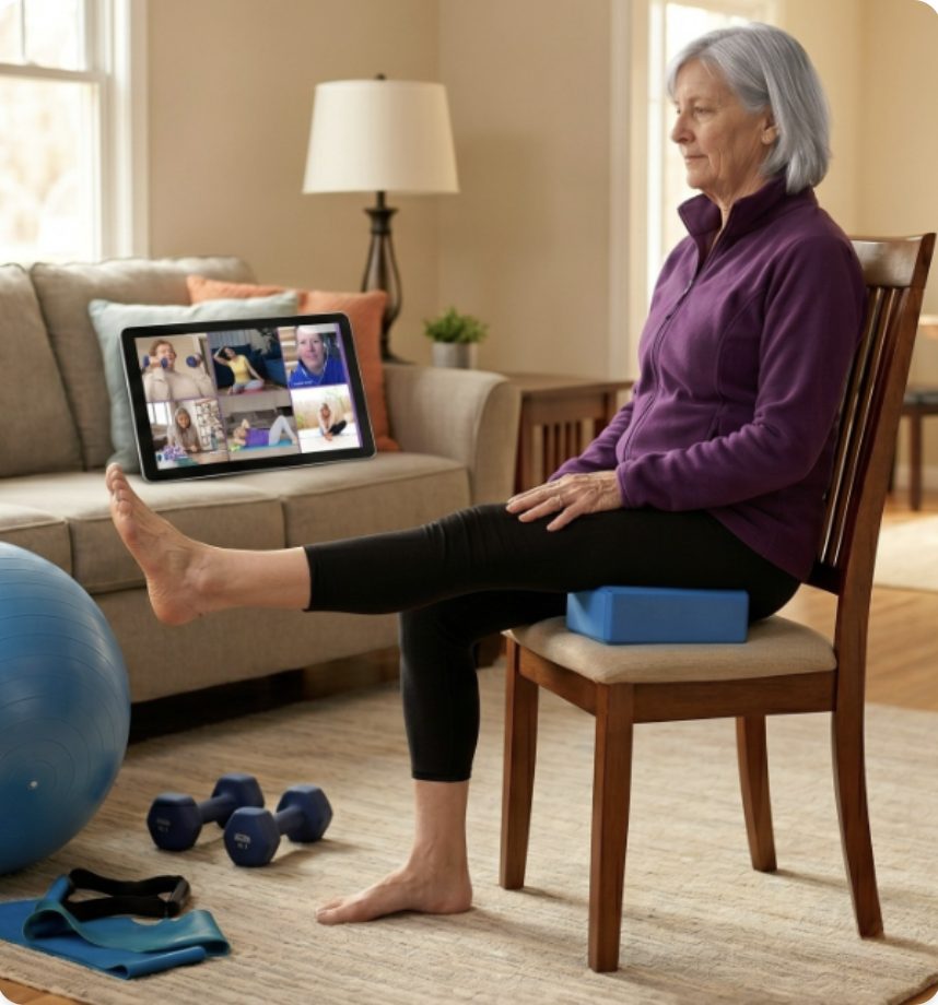 Retired woman in her sixties strength training from a chair at home while her coach watches on a tablet