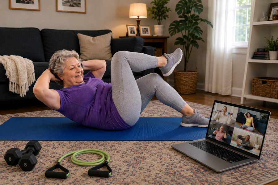 Woman exercising on a mat at home with a Zoom group coaching session on her laptop