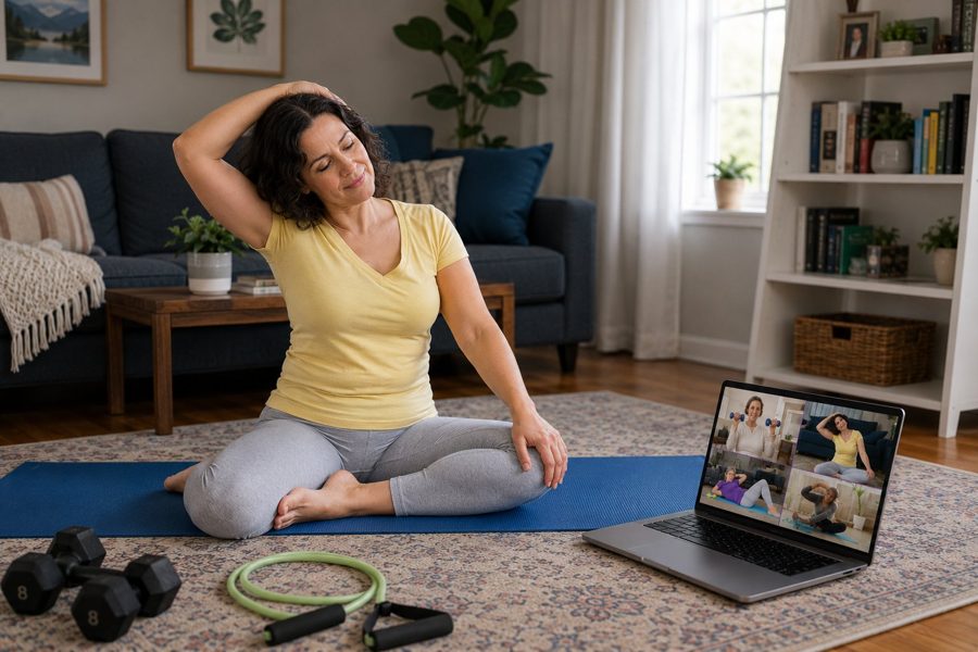 Woman in her 60s stretching in her living room during a virtual coaching session
