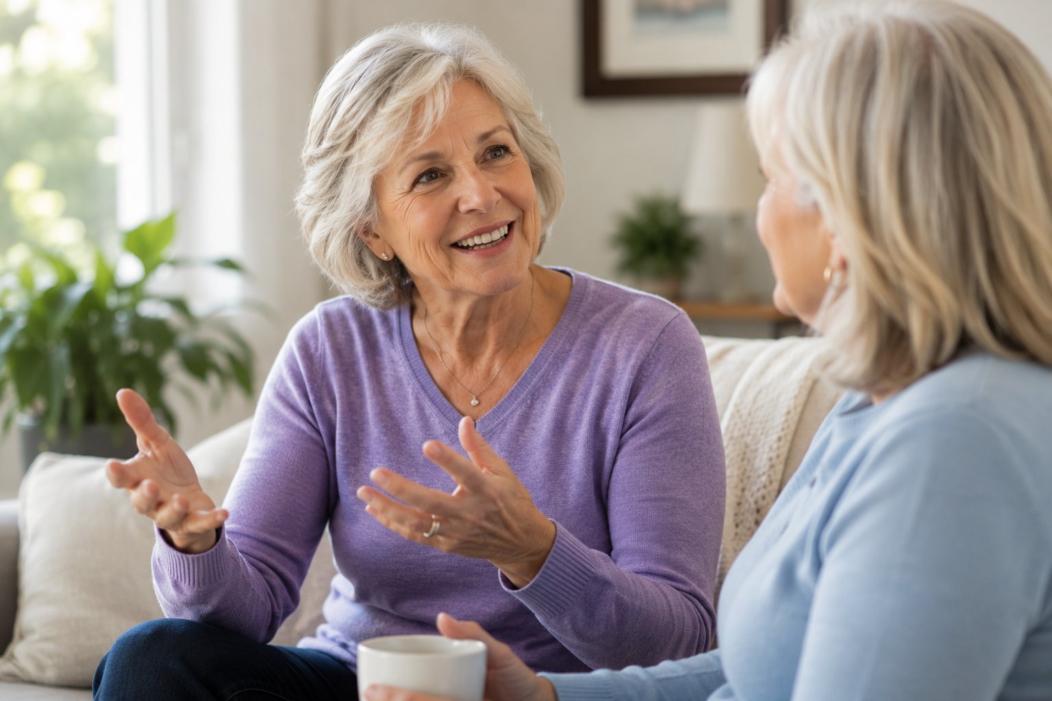 Two women having a warm conversation, representing the supportive community of HLFW clients