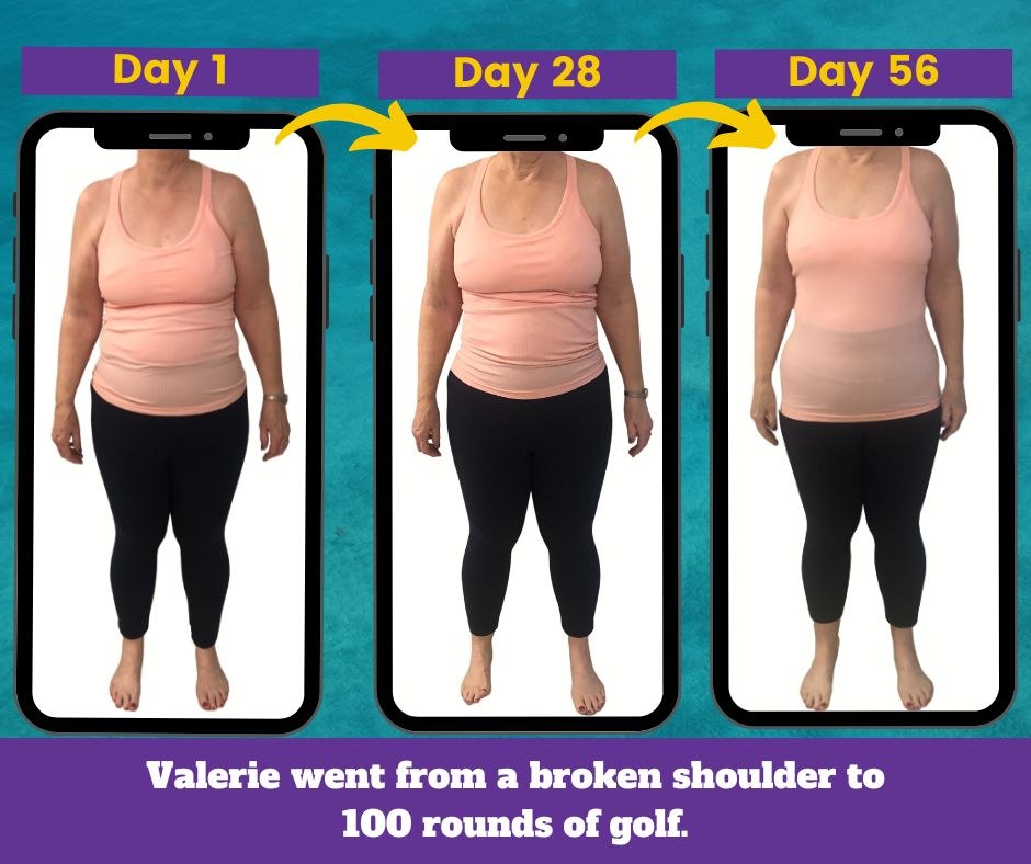 Valerie's posture and shoulder progression from Day 1 to Day 56 of virtual strength coaching with Heidi