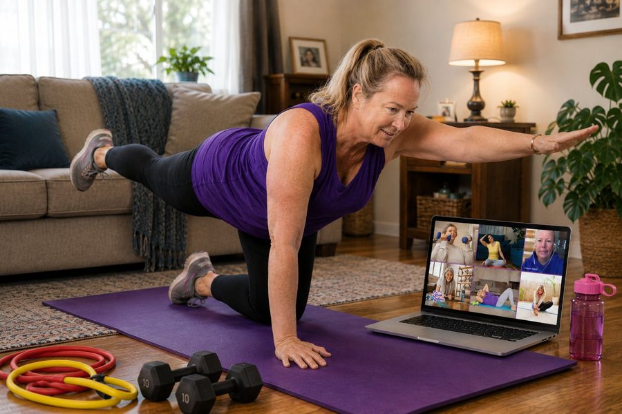 Woman in a strong plank position with a small group visible on her laptop screen during a live coaching session