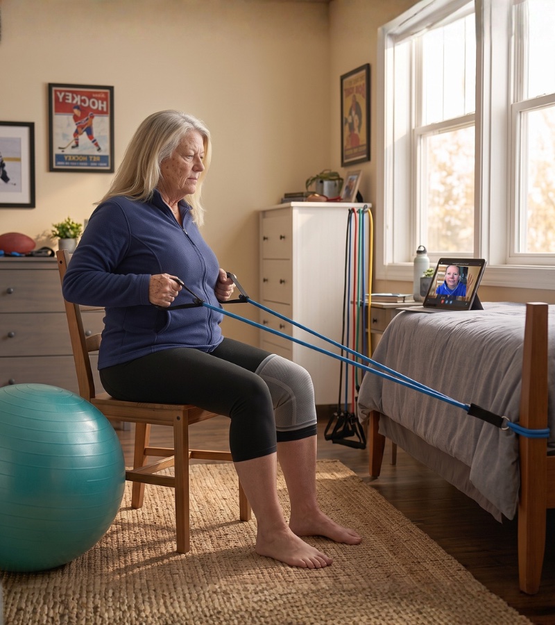 Woman in her 60s stretching during a calm at-home virtual coaching session